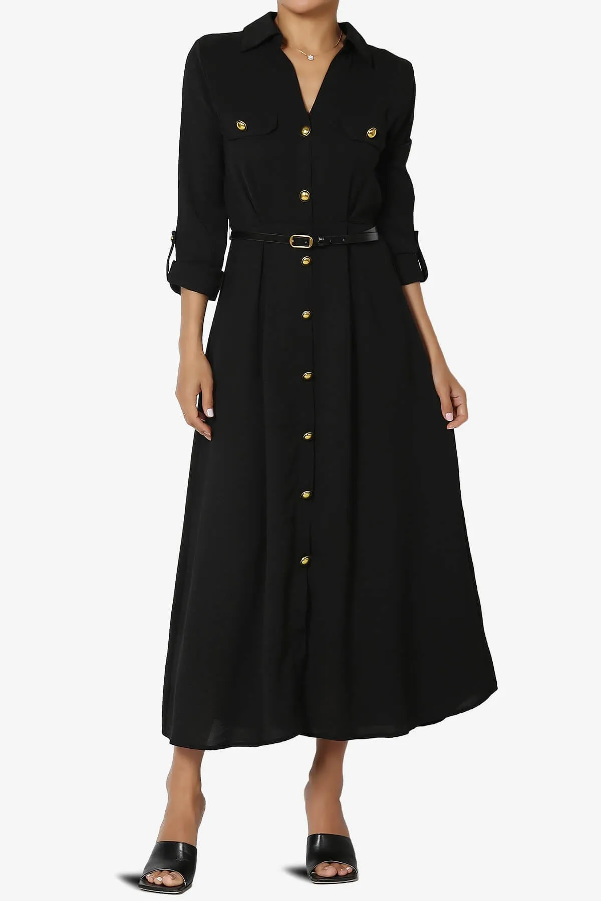 Whitney 3/4 Sleeve Midi Shirt Dress with Belt