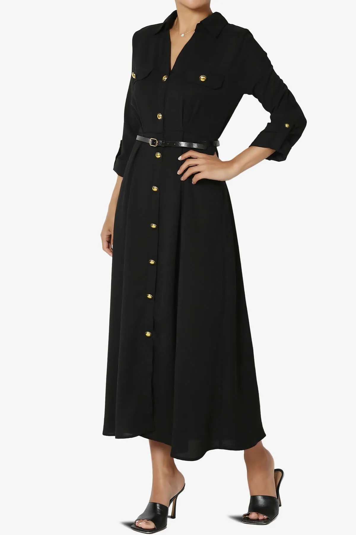 Whitney 3/4 Sleeve Midi Shirt Dress with Belt