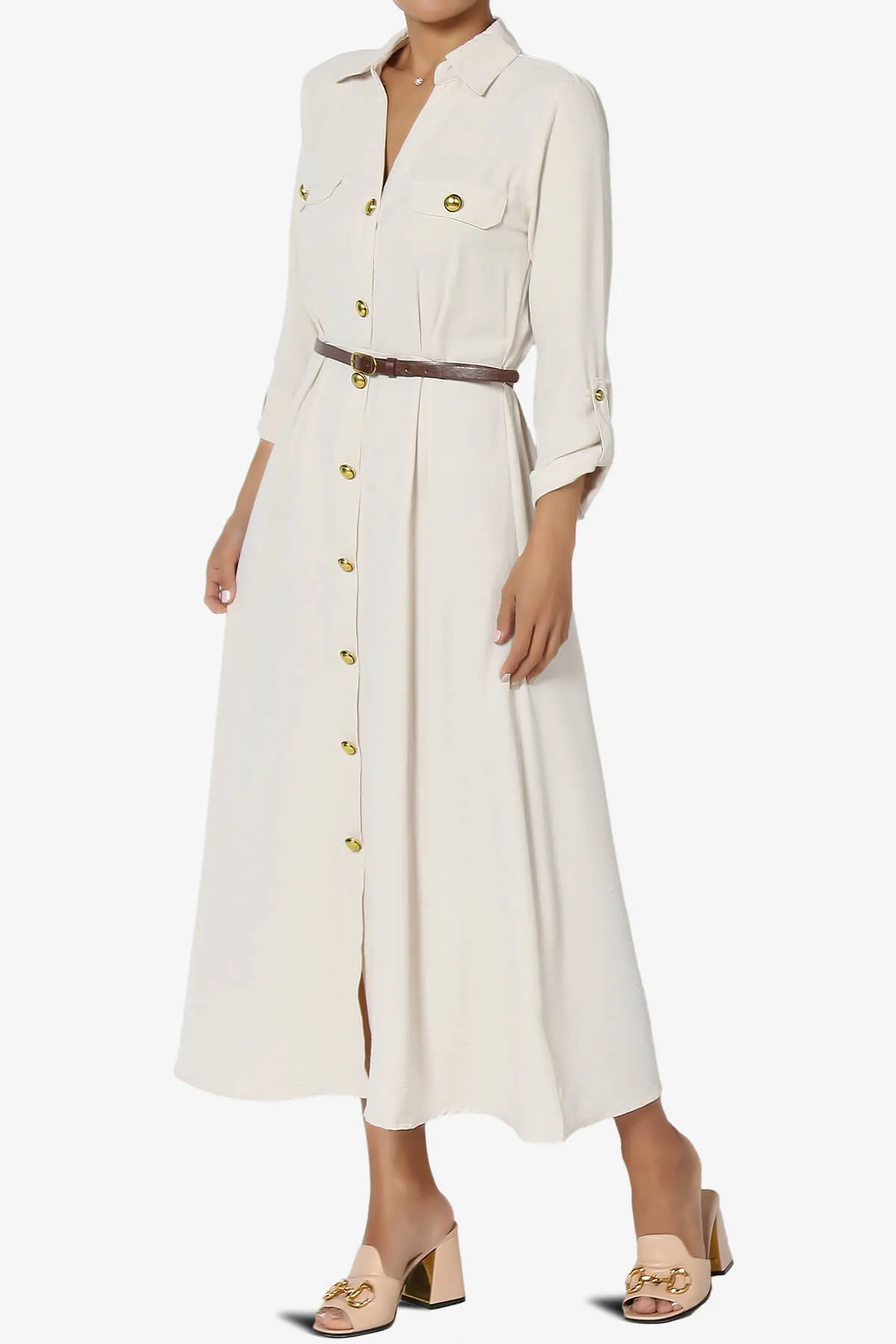 Whitney 3/4 Sleeve Midi Shirt Dress with Belt