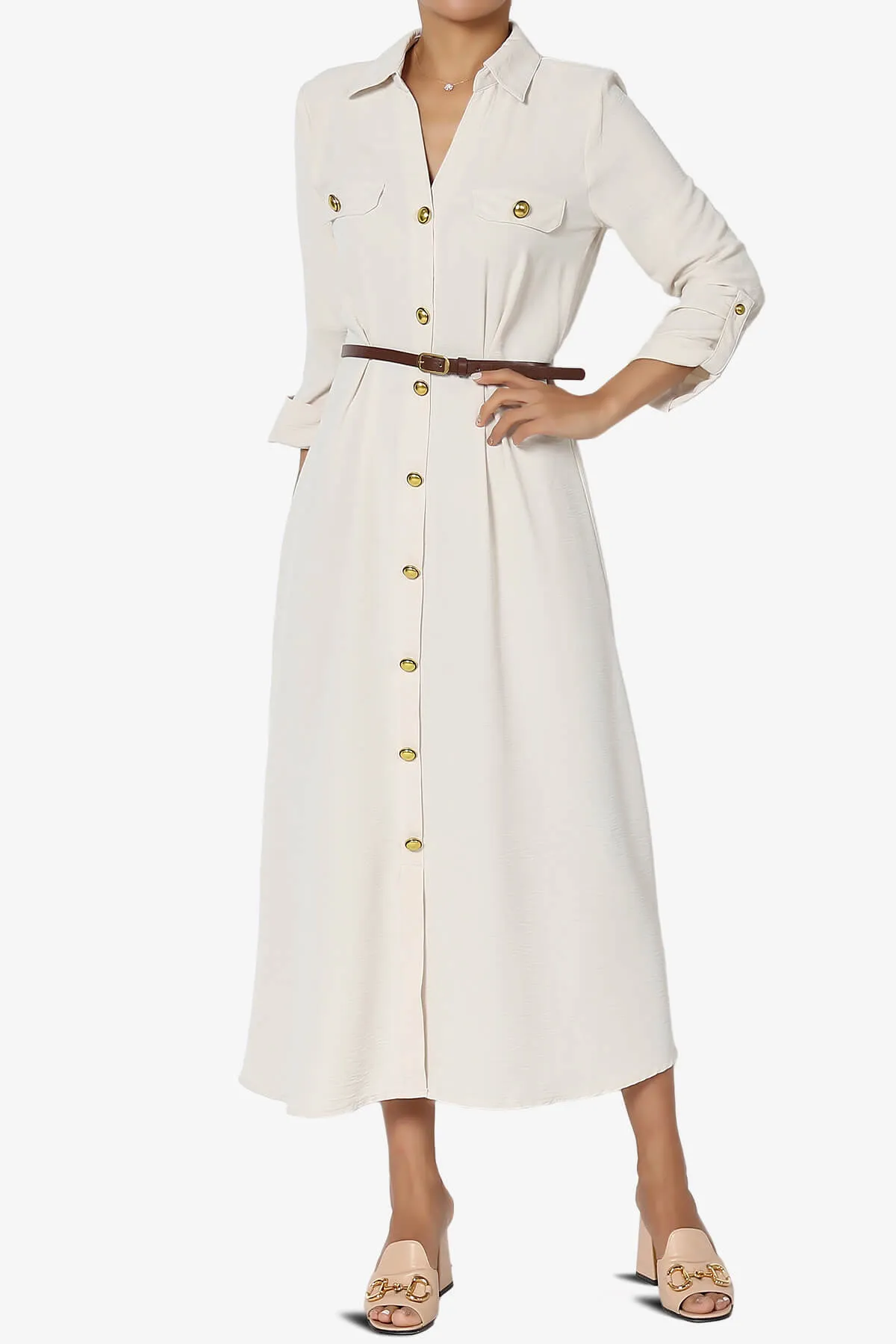 Whitney 3/4 Sleeve Midi Shirt Dress with Belt