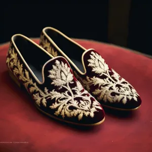 Wine Velvet Embroidery Work Peshawari Loafers | Wedding Shoes for Groom | Shoes for Haldi Mehendi Sangeet