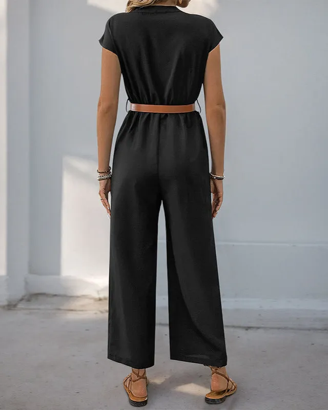 Women's Wide Leg Jumpsuit | Short Sleeve Button-Up Romper