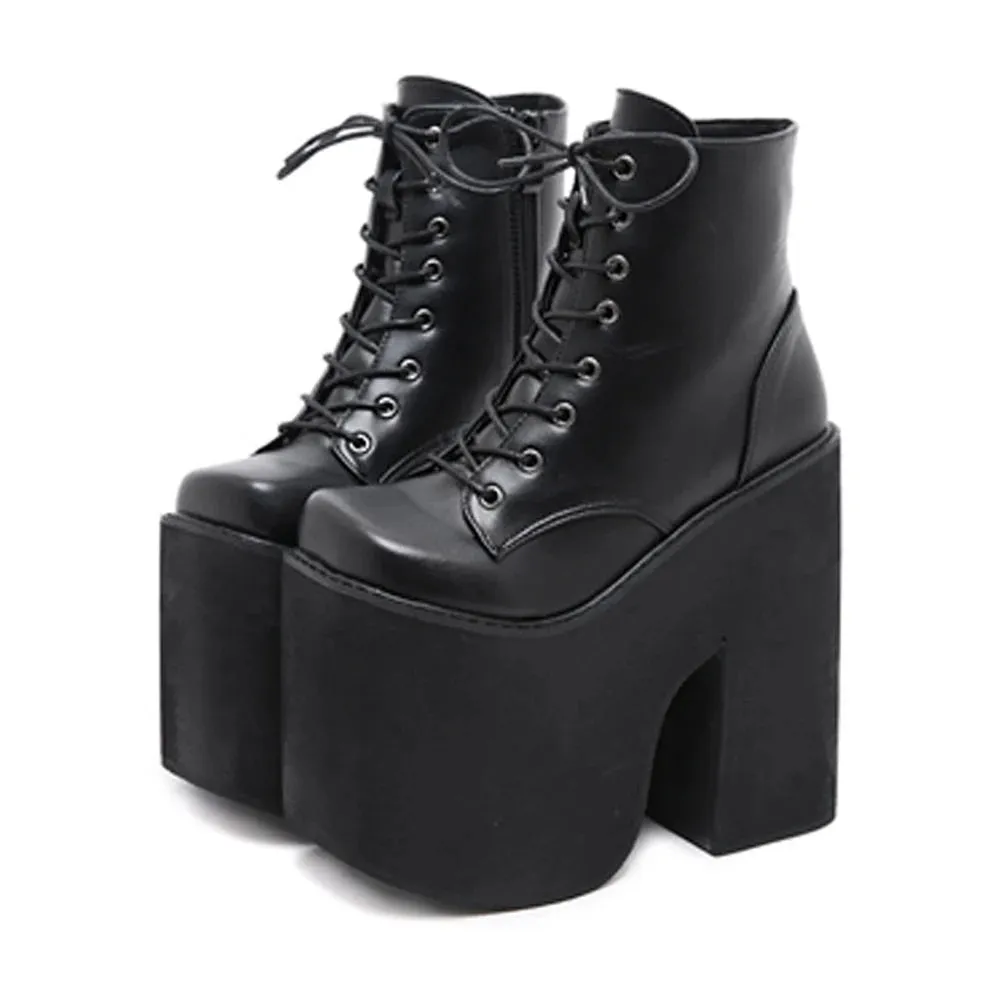 Y2K Style Short Boots - Square Closed Toe, Lace-Up Platform Boots with High Chunky Heels, Fashion Solid Color Shoes for Women