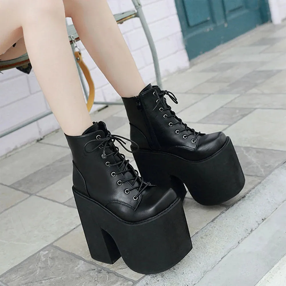Y2K Style Short Boots - Square Closed Toe, Lace-Up Platform Boots with High Chunky Heels, Fashion Solid Color Shoes for Women
